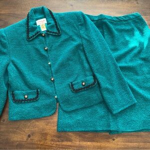 Henry Lee Petite Women’s Vintage Green Black Tweed Jacket Skirt Suit Set 8P
